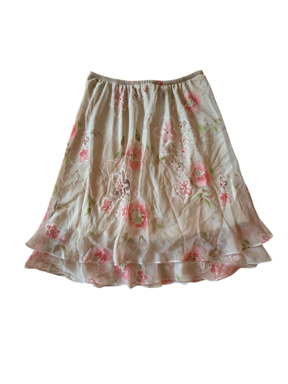Fairycore Cream and Pink Floral Elastic Skirt Size 12
